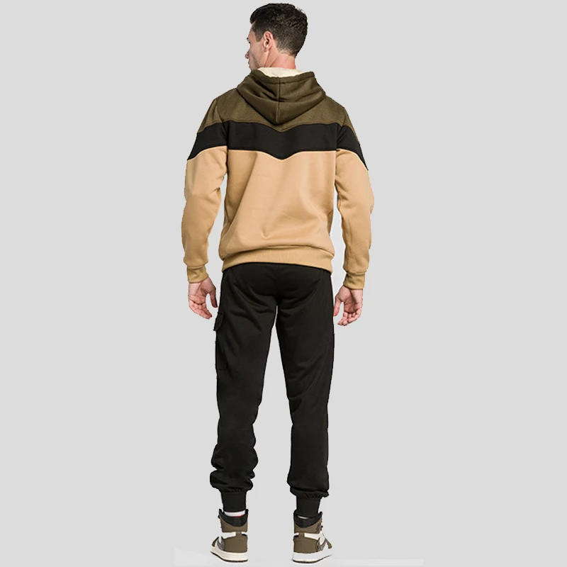 Men's Patchwork Hoodie Outdoor Casual Sportswear Street Fashion Men's Fleece Thermal Hooded Sweatshirt Fall Winter Black