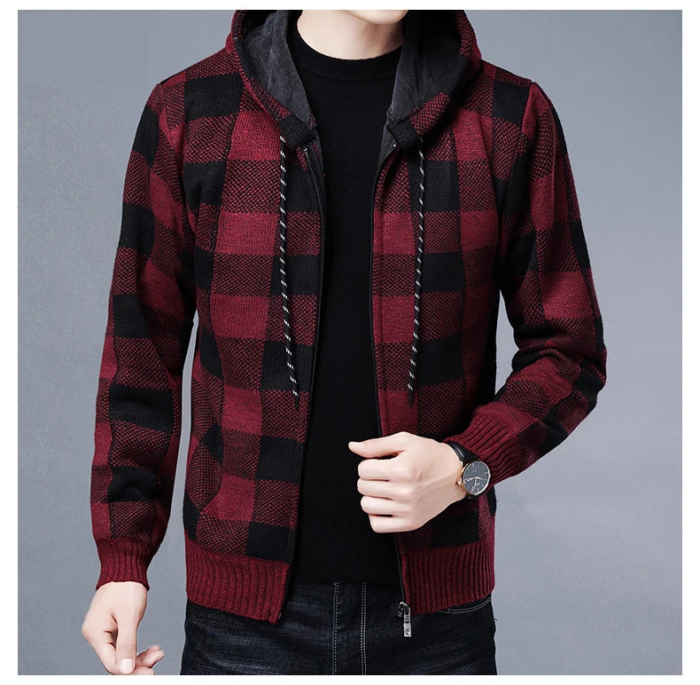 Men Sweater Jacket Fashion Winter Coat Fleece Hoodies High Quality Luxury Checkered Hooded Knit Cardigan Male Outer Wear