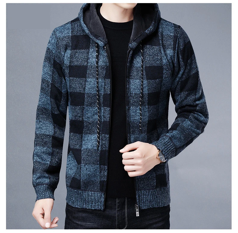 Men Sweater Jacket Fashion Winter Coat Fleece Hoodies High Quality Luxury Checkered Hooded Knit Cardigan Male Outer Wear