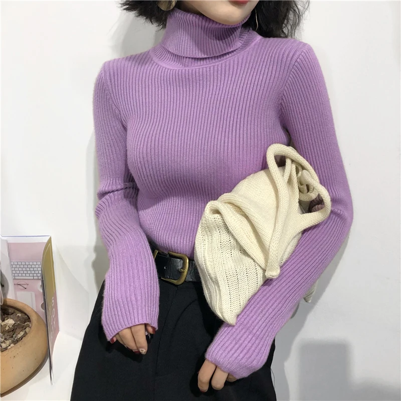 2024 Autumn Winter Thick Sweater Women Knitted Ribbed Pullover Sweater Long Sleeve Turtleneck Slim Jumper Soft Warm Pull Femme