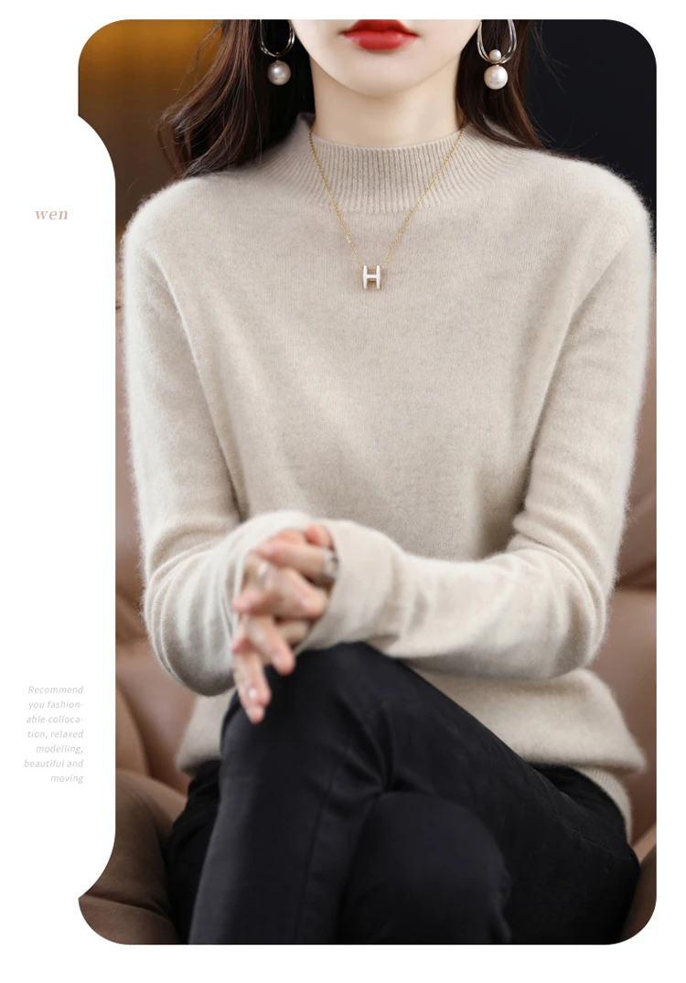 100% Merino Wool Cashmere Sweater Women Knitted Sweater Turtleneck Long Sleeve Pullovers Autumn Winter Clothing Warm Jumper Tops