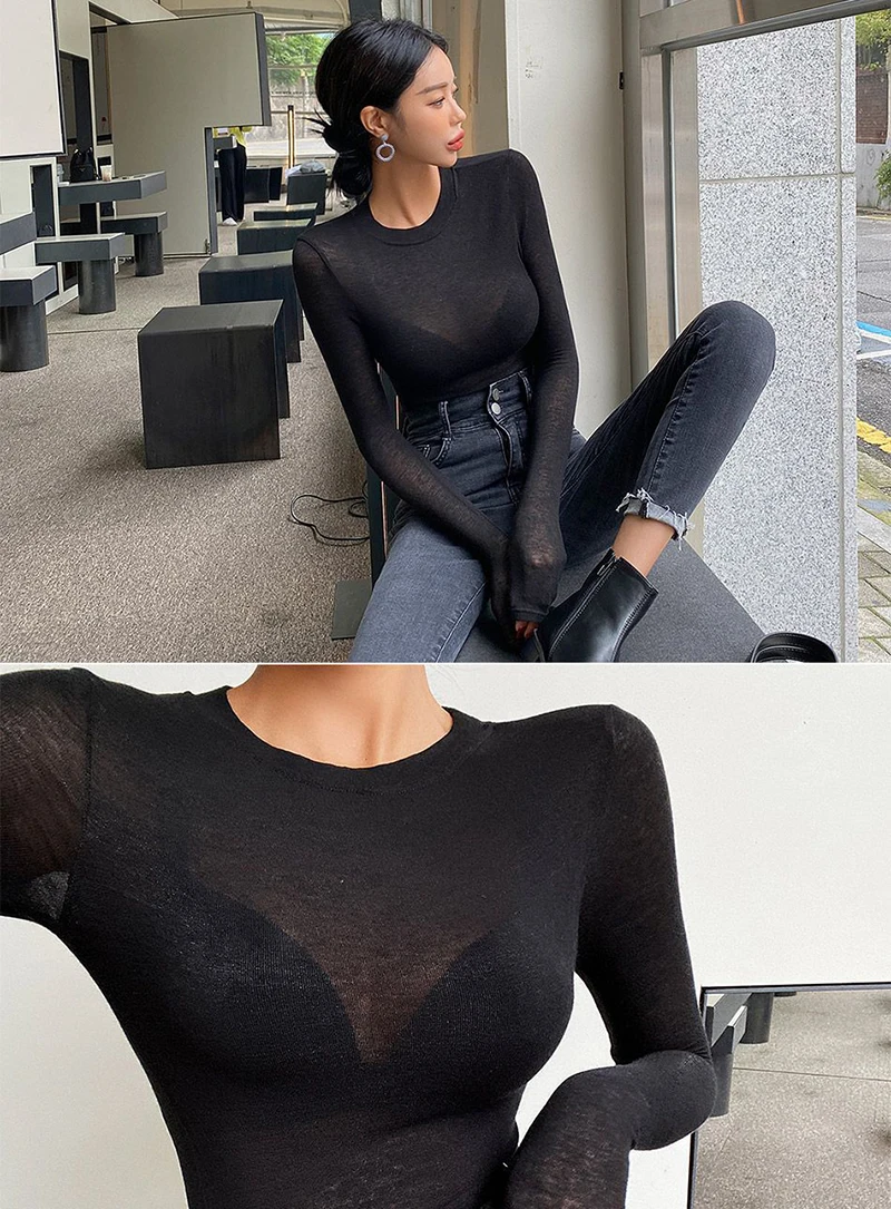 Basic Cotton Summer T Shirt Women Long Sleeves Tee Shirt High Elasticity Breathable Sexy Thin T-shirt see through Female Top