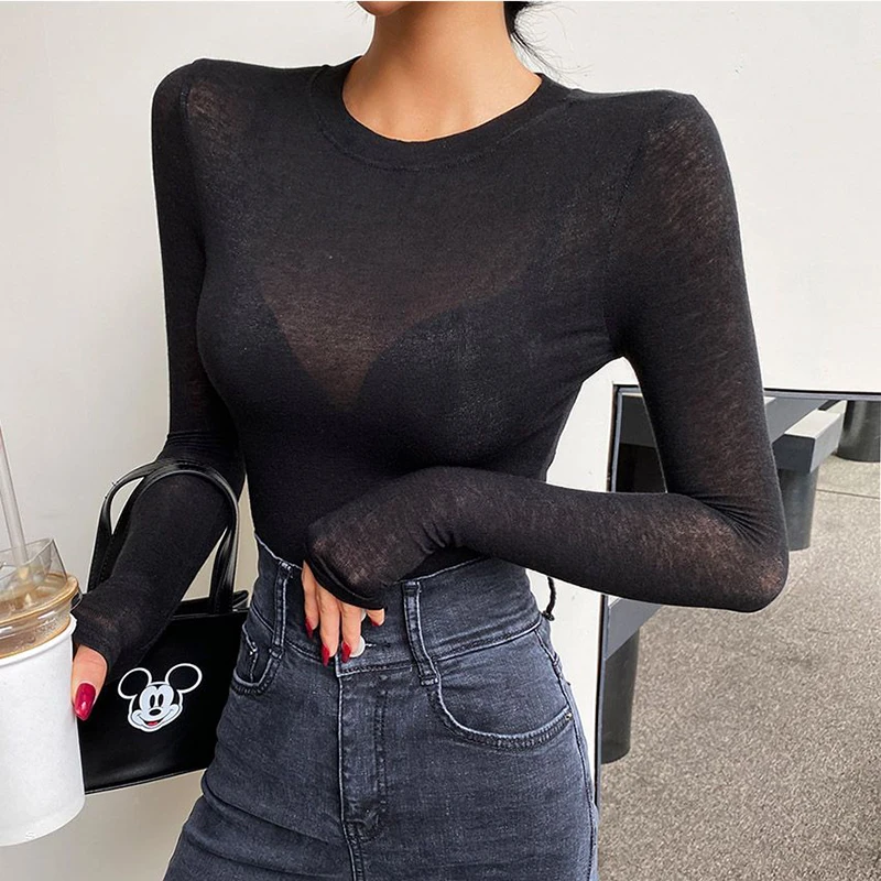 Basic Cotton Summer T Shirt Women Long Sleeves Tee Shirt High Elasticity Breathable Sexy Thin T-shirt see through Female Top