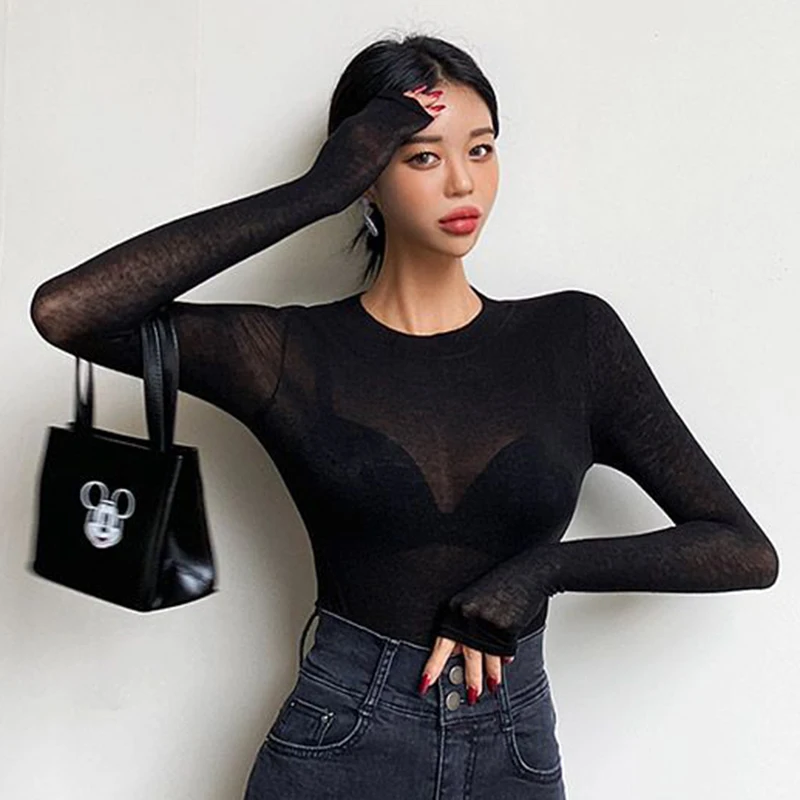 Basic Cotton Summer T Shirt Women Long Sleeves Tee Shirt High Elasticity Breathable Sexy Thin T-shirt see through Female Top