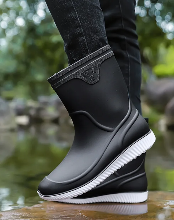 STRONGSHEN Fashion Men Rain Boots Waterproof Rubber Ankle Boot Non Skid Work Shoes Comfortable Rainy Shoes Outdoor Fishing Shoes