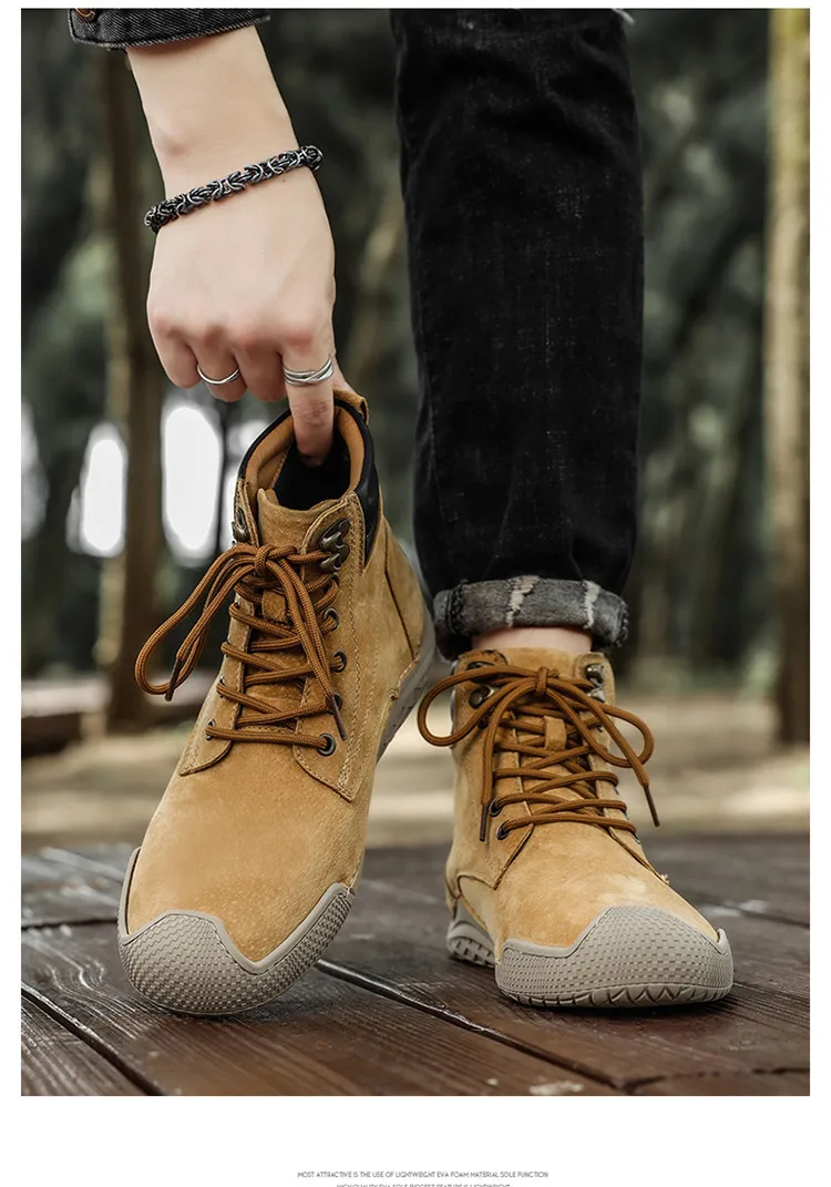 STRONGSHEN Men Boots Handmade Leather Casual Shoes Winter With Fur High Top Shoes Lace Up Comfort Walking Shoes Moccasins Boots