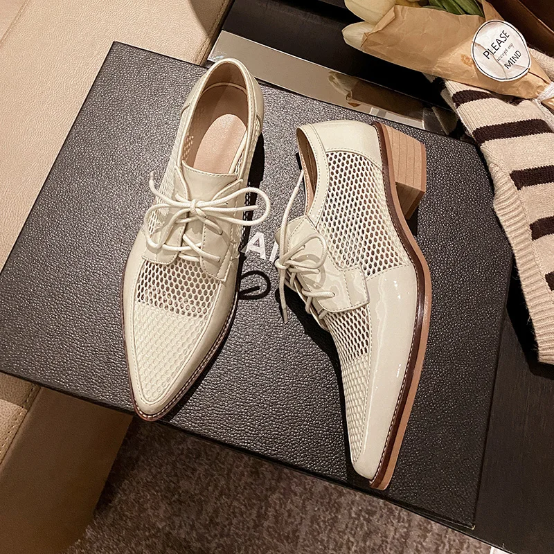 2023 Spring Net Cloth Oxfords Women Shoes Lace-Up Ladies Brogue Flat Derby Shoes Pointed Toe Lace-up Heels Women Shoes for Women