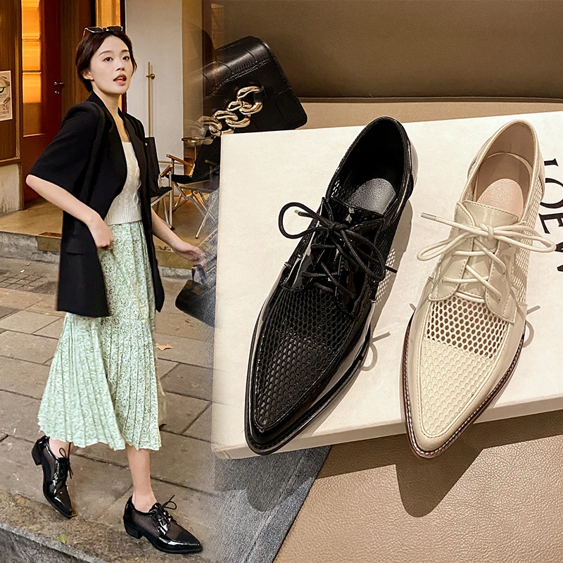 2023 Spring Net Cloth Oxfords Women Shoes Lace-Up Ladies Brogue Flat Derby Shoes Pointed Toe Lace-up Heels Women Shoes for Women