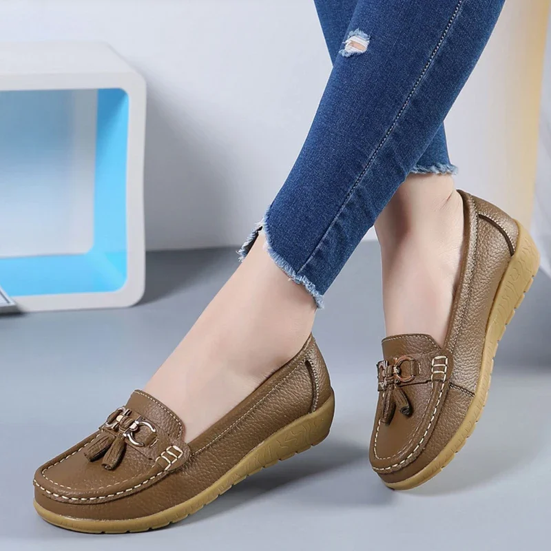 Women Flats Ballet Shoes Ballerina Ladies Casual Shoes Leather Breathable Moccasins Women’s Boat White Flats Shoes Women