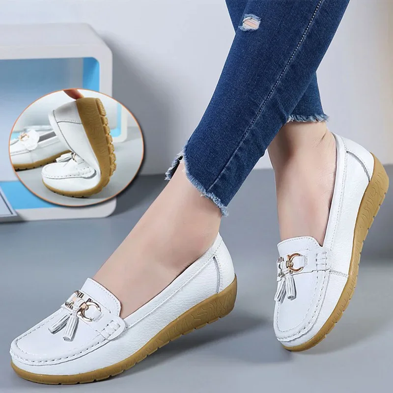 Women Flats Ballet Shoes Ballerina Ladies Casual Shoes Leather Breathable Moccasins Women’s Boat White Flats Shoes Women